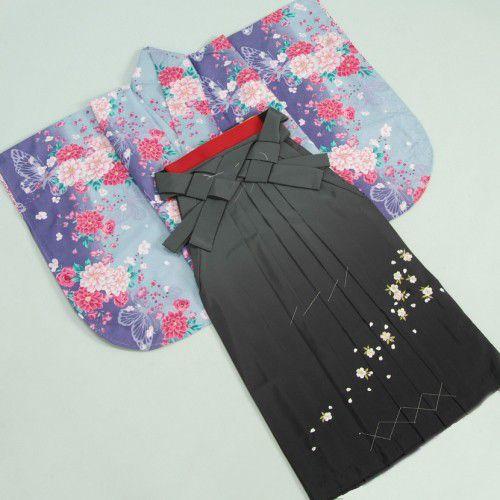 卒業袴着物フルセット　卒業式　HLブランド　ラベンダー×水色　薔薇　蝶　桜刺繍濃淡ボカシ袴　レンタルよりお値打ちな13点セット