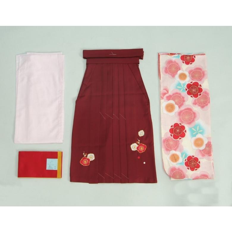 小学生 卒業袴着物４点セット 花ひめブランド ジュニアサイズ クリーム 梅柄 エンジ刺繍袴 赤黄色両面帯 十三参りとしても御使用出来ます | 京美 | 01