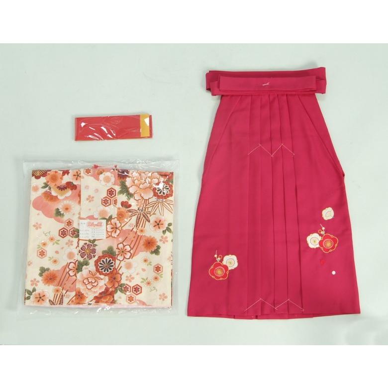 幼稚園　保育園　卒園袴着物４点セット　マユミブランド　キッズサイズ　オフホワイト色　濃ピンク刺繍袴　赤黄色両面帯 | 京美 | 01