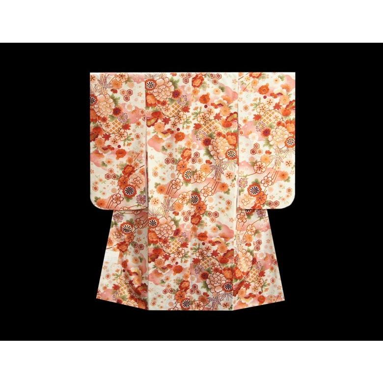 幼稚園　保育園　卒園袴着物４点セット　マユミブランド　キッズサイズ　オフホワイト色　濃ピンク刺繍袴　赤黄色両面帯 | 京美 | 02