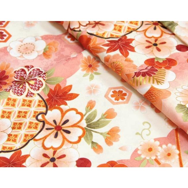 幼稚園　保育園　卒園袴着物４点セット　マユミブランド　キッズサイズ　オフホワイト色　濃ピンク刺繍袴　赤黄色両面帯 | 京美 | 03