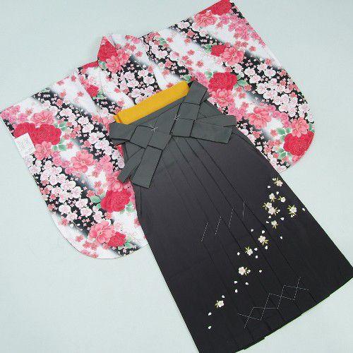 卒業袴着物フルセット　卒業式　白地黒グラデーション　桜刺繍濃淡ボカシ袴　レンタルよりお値打ちな13点セット