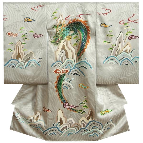 お宮参り 着物 男の子 絹100％ 正絹初着 シルバーグレー 白木染匠 蓬莱山昇龍柄 手描き 手染め 丹後産紋綸子生地  桐箱付き 日本製