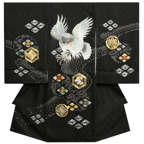 お宮参り 着物 男の子 絹100％ 正絹 男児初着 黒地 総刺繍白鷹 金駒亀甲紋 本絞り 手染め サヤ地紋生地 日本製