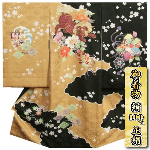 お宮参り着物 正絹男児初着 黄土色黒染め分け 唐獅子 牡丹 刺繍使い 菊桐菱地紋生地 日本製 お宮参り着物が高品質お値打ち価格 京美