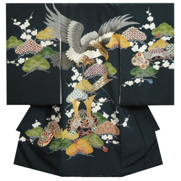 お宮参り 着物 男の子 絹100％ 正絹初着 紺色 手描き 手染め 浜ちりめん変わり三越生地 純国産糸使用 桐箱付き 日本製 | 京美