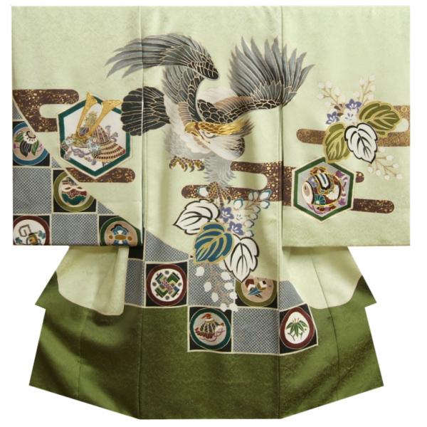 お宮参り 着物 男の子 絹100％ 正絹 男児初着 鷹 濃淡緑染分け 手描き 手染め 金駒刺繍 菊桐鳳凰地紋 丹後産紋意匠生地 日本製