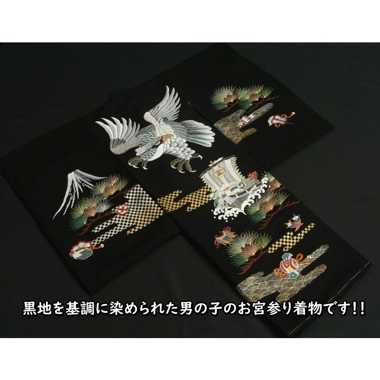 お宮参り 着物 男の子 絹100％ 正絹 赤ちゃん 初着 黒地 総刺繍鷹 金彩箔 手染め 丹後ちりめん生地 日本製 | 京美 | 01