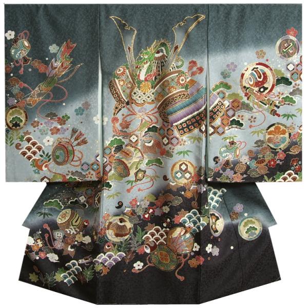 お宮参り 着物 男の子 絹100％ 正絹 男児初着 灰色段ぼかし染め分け 兜 松竹梅 金糸刺繍使い 金彩使い 吹雪地紋 日本製