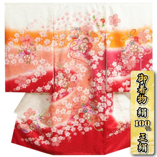 正絹初着 裾赤染め分けグラデーション 着物 女の子 桜 お宮参り まり 白 着物 セレモニードレス 日本製 ベビー服 シューズ 金駒刺繍 桜地紋 桜尽くし