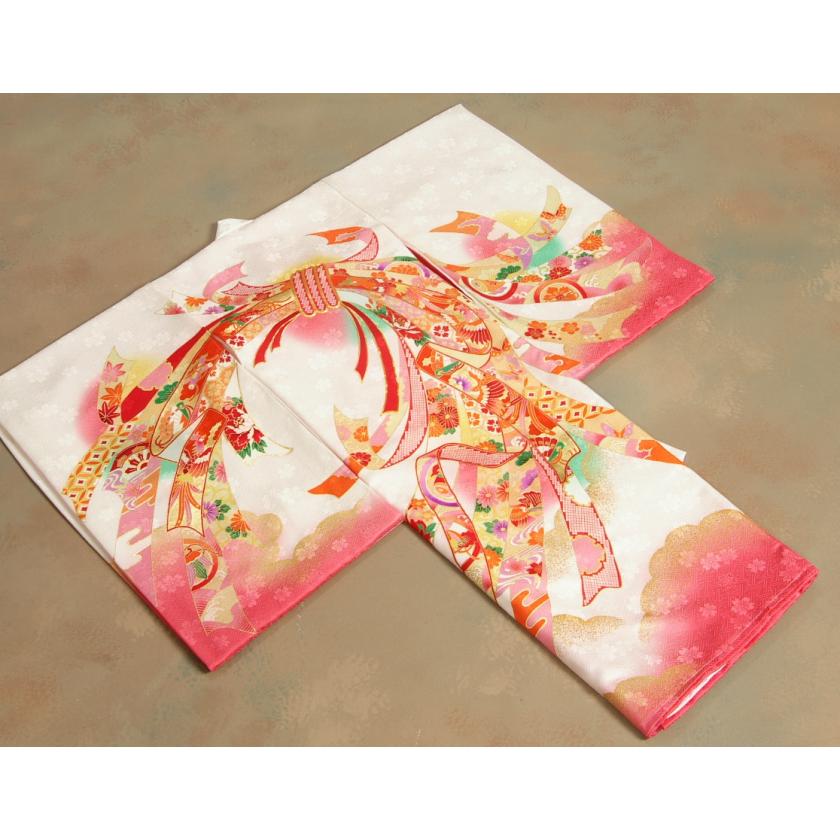 お宮参り 着物 女の子 絹100％ 正絹 女児 初着 産着 白地裾ピンク染め分け 束ね熨斗 金駒刺繍 紗綾地紋生地 | 京美 | 01