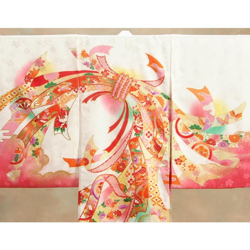 お宮参り 着物 女の子 絹100％ 正絹 女児 初着 産着 白地裾ピンク染め分け 束ね熨斗 金駒刺繍 紗綾地紋生地 | 京美 | 04