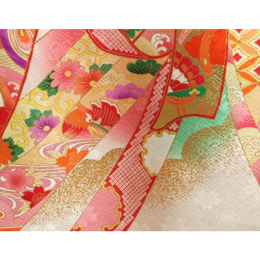 お宮参り 着物 女の子 絹100％ 正絹 女児 初着 産着 白地裾ピンク染め分け 束ね熨斗 金駒刺繍 紗綾地紋生地 | 京美 | 05