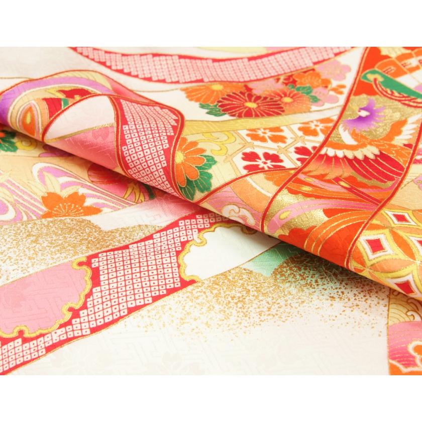 お宮参り 着物 女の子 絹100％ 正絹 女児 初着 産着 白地裾ピンク染め分け 束ね熨斗 金駒刺繍 紗綾地紋生地 | 京美 | 06