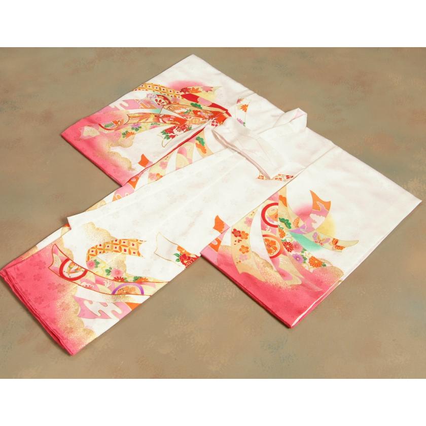 お宮参り 着物 女の子 絹100％ 正絹 女児 初着 産着 白地裾ピンク染め分け 束ね熨斗 金駒刺繍 紗綾地紋生地 | 京美 | 07