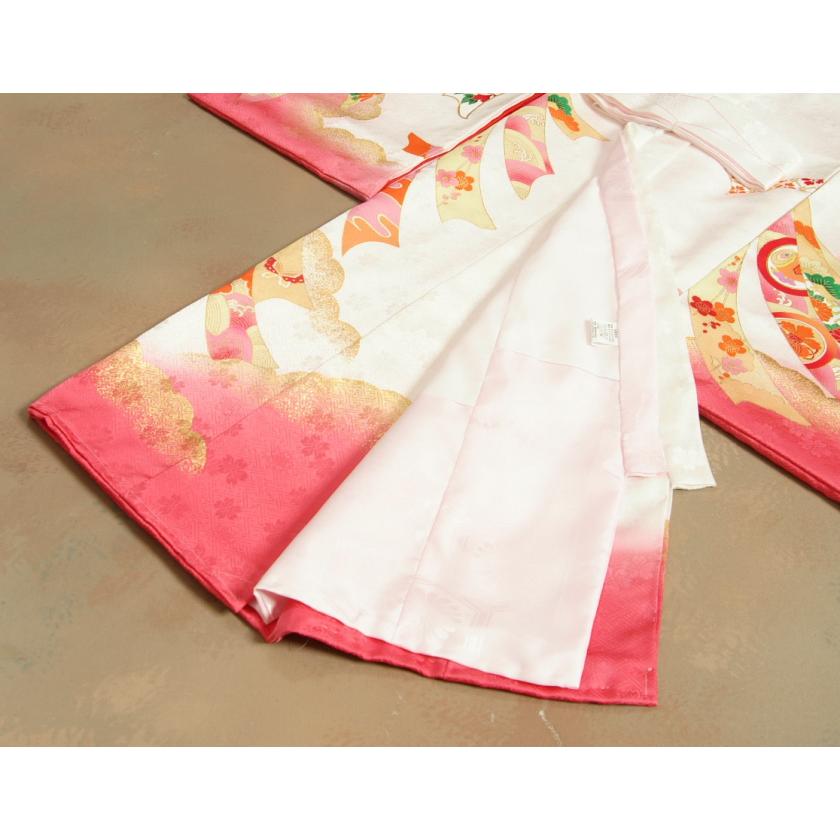 お宮参り 着物 女の子 絹100％ 正絹 女児 初着 産着 白地裾ピンク染め分け 束ね熨斗 金駒刺繍 紗綾地紋生地 | 京美 | 08
