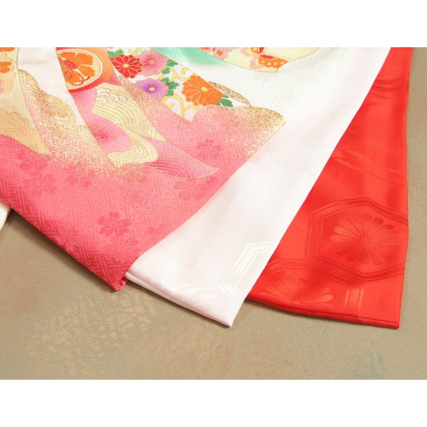 お宮参り 着物 女の子 絹100％ 正絹 女児 初着 産着 白地裾ピンク染め分け 束ね熨斗 金駒刺繍 紗綾地紋生地 | 京美 | 09