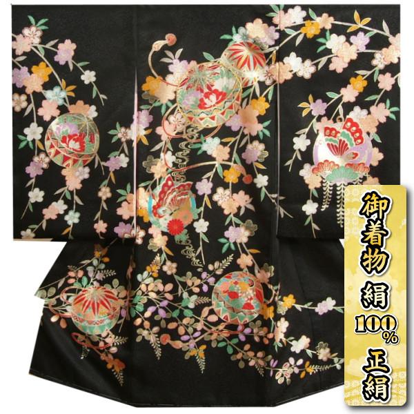 お宮参り 着物 女の子 絹100％ 正絹初着 黒地色 まり 枝垂れ桜 舞蝶 金駒刺繍 吹雪地紋生地