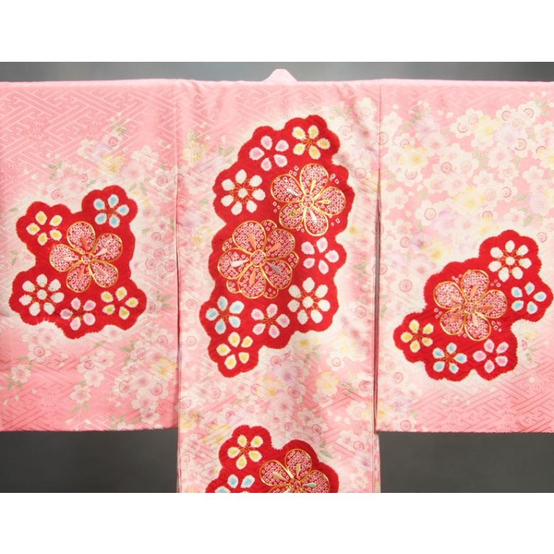 お宮参り 着物 女の子 絹100％ 正絹初着 ピンク 赤本手桶絞り 金駒刺繍 金彩使い サヤ地紋生地 日本製 | 京美 | 04