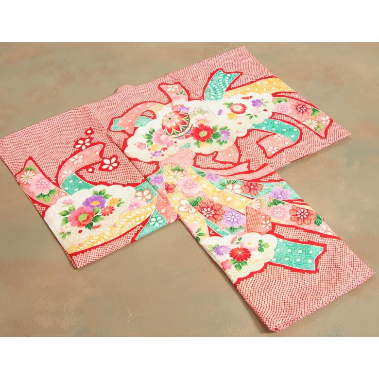 宮参り 着物 女の子 正絹初着 産着 赤色 総疋田柄 鼓 金彩 鹿の子地紋生地 宮参り 着物 女の子 正絹初着 産着 赤色 総疋田柄 鼓 金彩