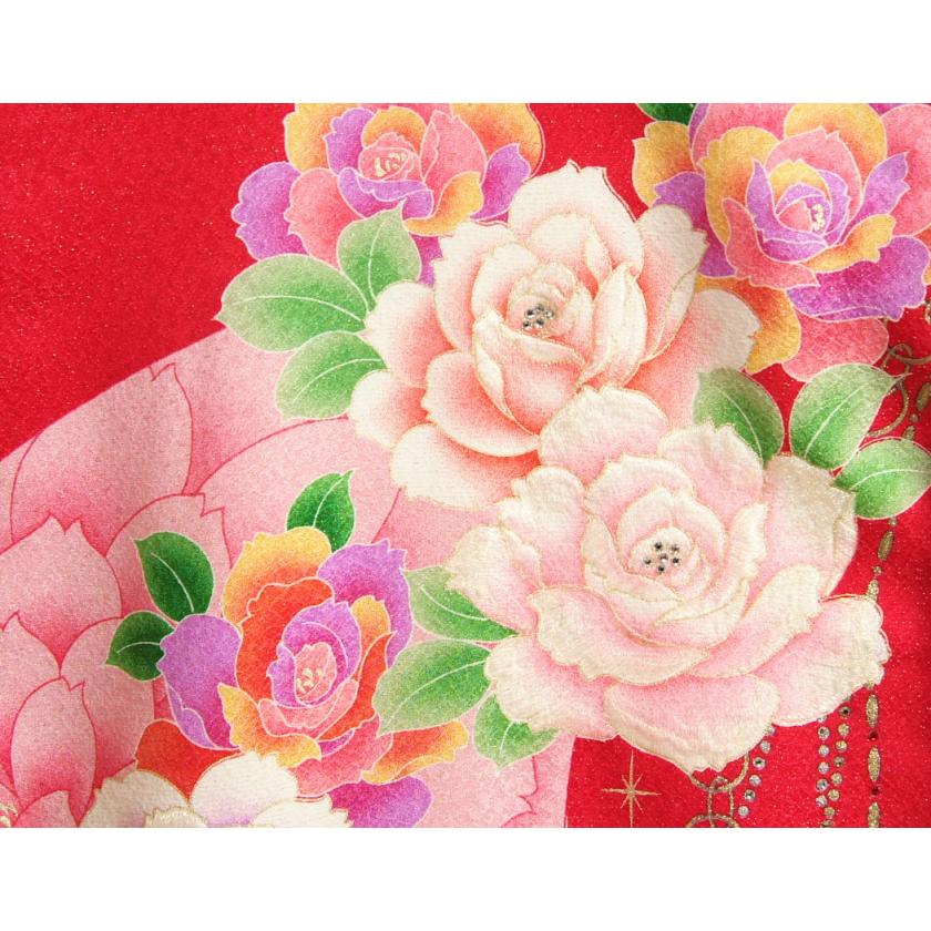 お宮参り 着物 女の子 正絹 女児初着 産着 赤色 レインボーローズ 刺繍 