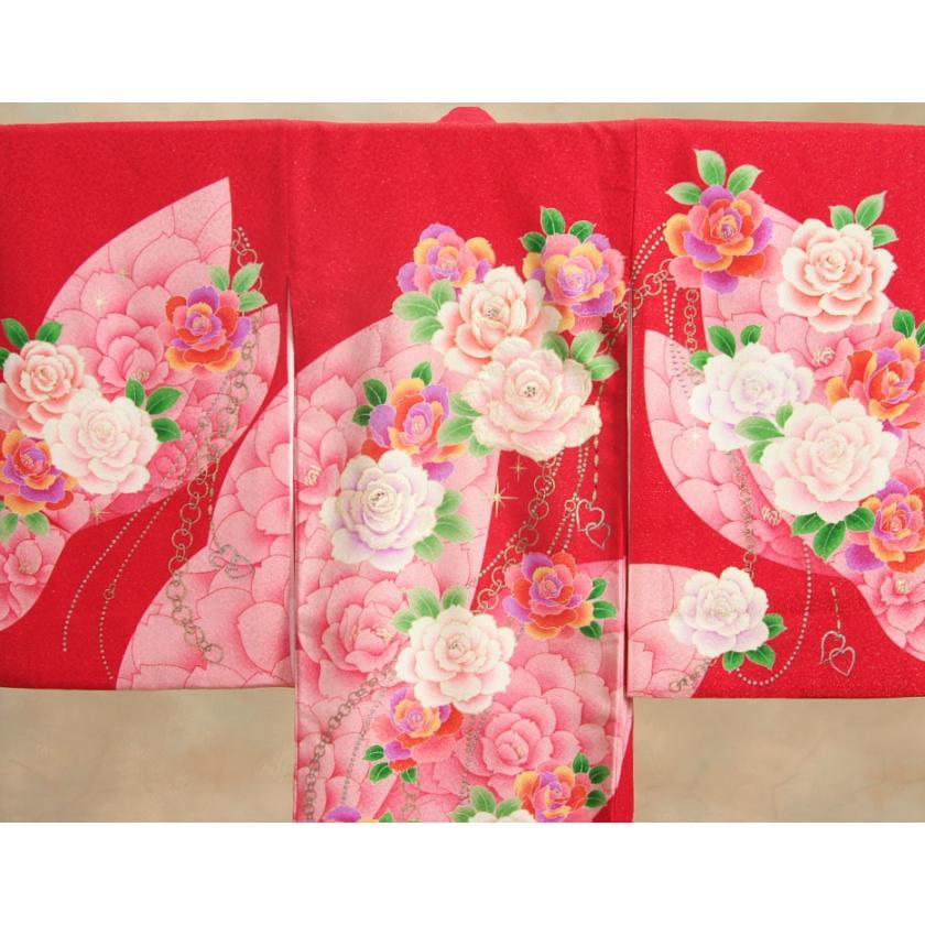 お宮参り 着物 女の子 正絹 女児初着 産着 赤色 レインボーローズ 刺繍 