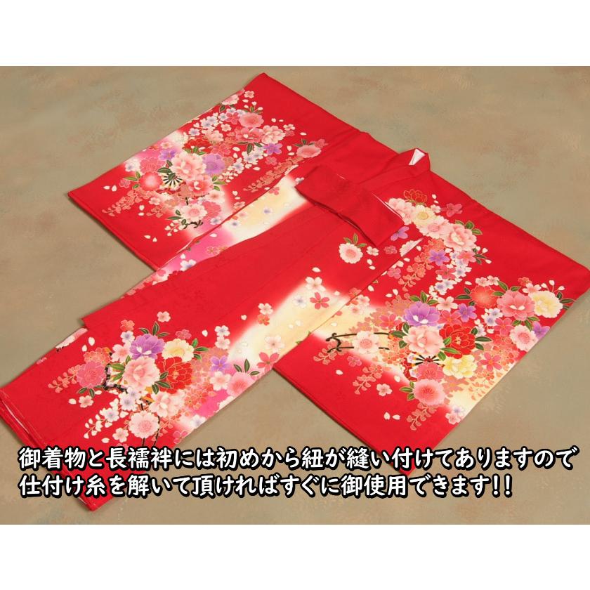 お宮参り 着物 女の子 絹100％ 正絹 女児初着 赤地色濃淡ピンク黄色ぼかし染め 花車 百花繚乱 刺繍金駒使い 丹後産紗綾地紋綸子生地 日本製 | 京美 | 07