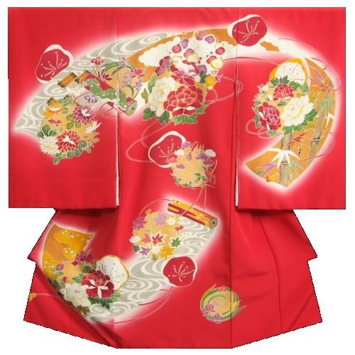京美 お宮参り 着物 女の子 絹100％ 正絹 女児初着 赤色 金彩絵巻