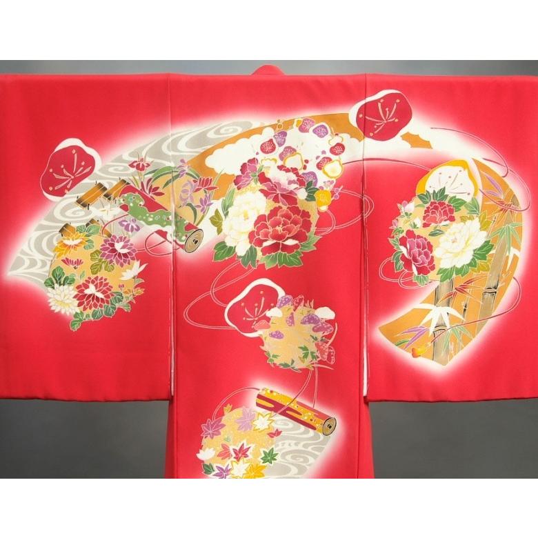 京美 お宮参り 着物 女の子 絹100％ 正絹 女児初着 赤色 金彩絵巻