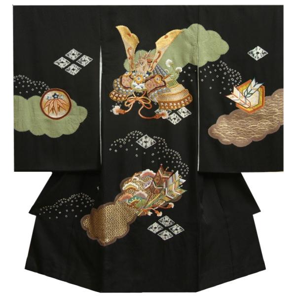 お宮参り 着物 男の子 絹100％ 正絹初着 黒地 総刺繍兜 本絞り 手染め 帯地矢羽根刺繍松 丹後産綸子紗綾地紋生地 日本製