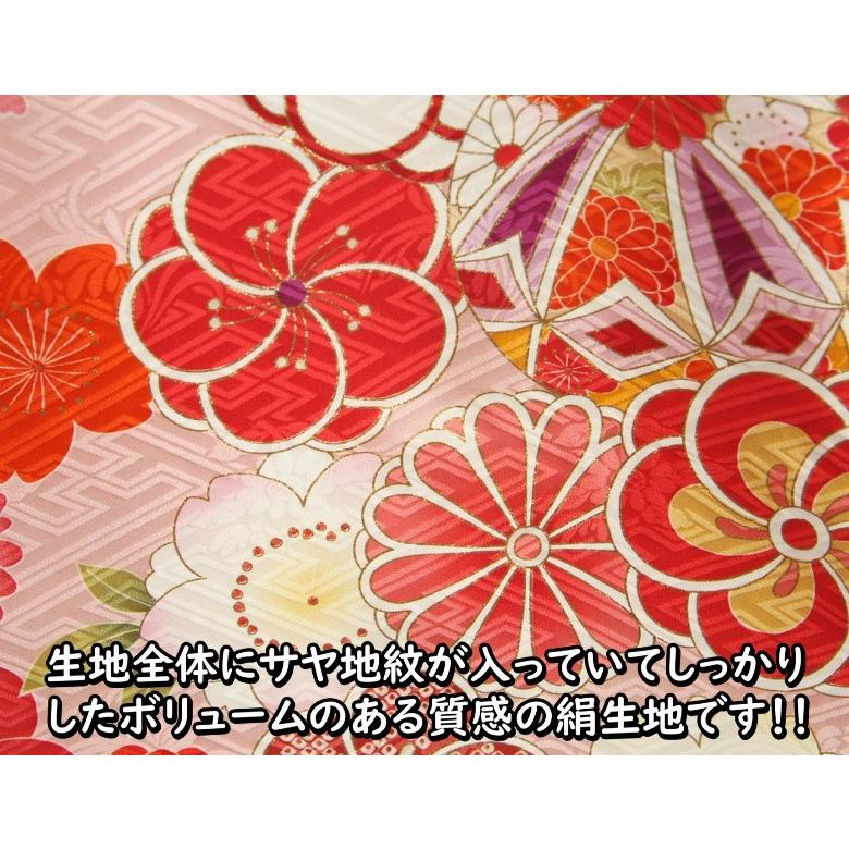 お宮参り 着物 女の子 絹100％ 正絹初着 淡ピンク桜色 捻り梅 四季桜 まり 金駒刺繍 サヤ地紋 日本製 | 京美 | 04