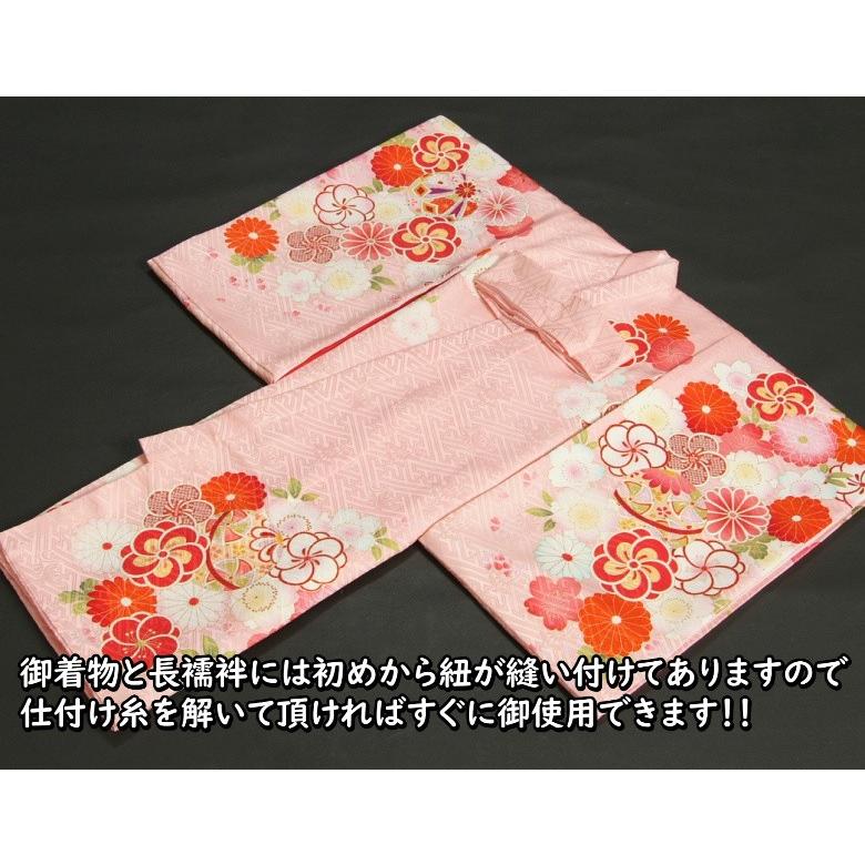 お宮参り 着物 女の子 絹100％ 正絹初着 淡ピンク桜色 捻り梅 四季桜 まり 金駒刺繍 サヤ地紋 日本製 | 京美 | 07