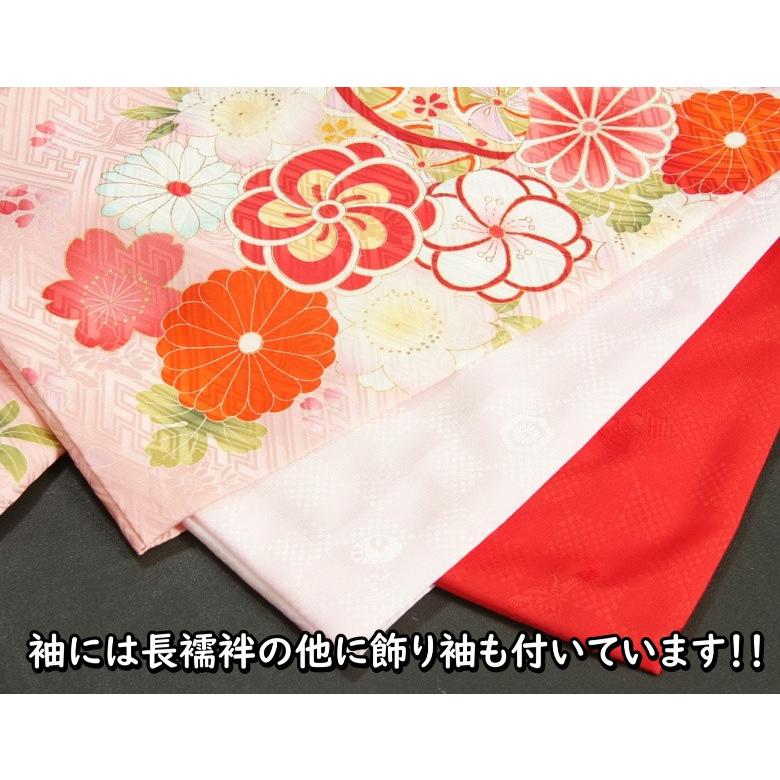 お宮参り 着物 女の子 絹100％ 正絹初着 淡ピンク桜色 捻り梅 四季桜 まり 金駒刺繍 サヤ地紋 日本製 | 京美 | 09