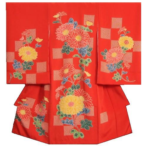 お宮参り 着物 女の子 絹100％ 正絹初着 栗山工房 朱赤色 大輪菊 和染紅型 浜ちりめん 型付手彩色染め技法 桐箱付き 日本製