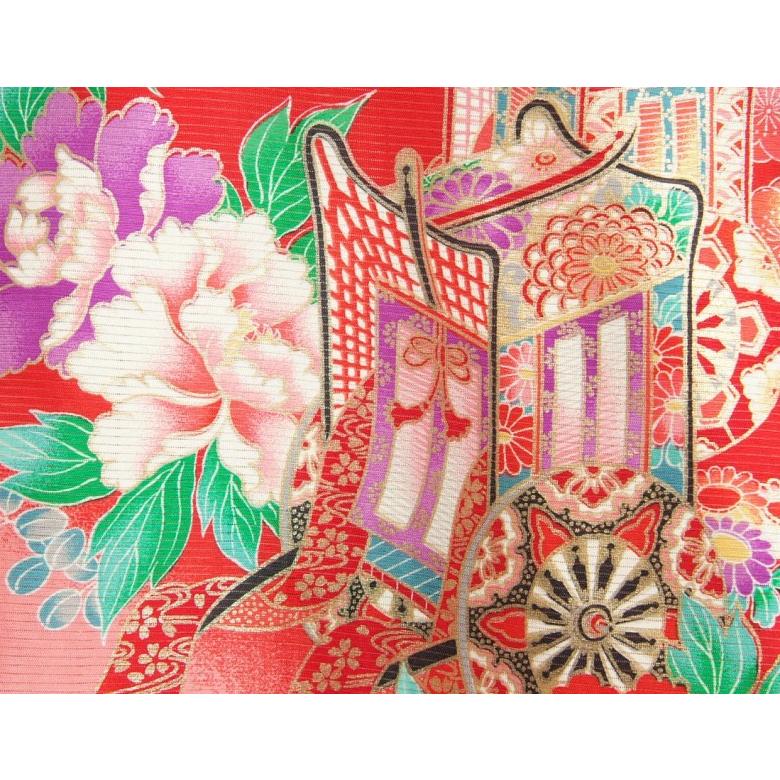 お宮参り 着物 夏用 女の子 正絹 赤色 御所車 芍薬 鴛鴦 絽生地 | 京美 | 02