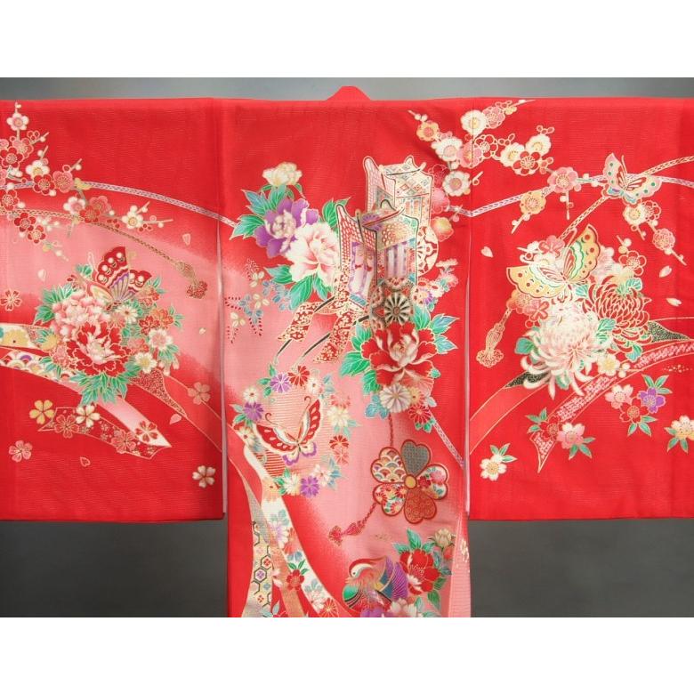 お宮参り 着物 夏用 女の子 正絹 赤色 御所車 芍薬 鴛鴦 絽生地 | 京美 | 03