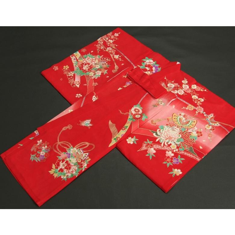 お宮参り 着物 夏用 女の子 正絹 赤色 御所車 芍薬 鴛鴦 絽生地 | 京美 | 05