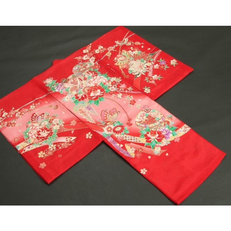 お宮参り 着物 夏用 女の子 正絹 赤色 鈴 蝶 牡丹菊 絽生地 | 京美 | 01