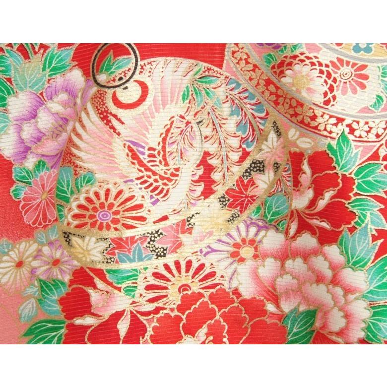 お宮参り 着物 夏用 女の子 正絹 赤色 鈴 蝶 牡丹菊 絽生地 | 京美 | 02