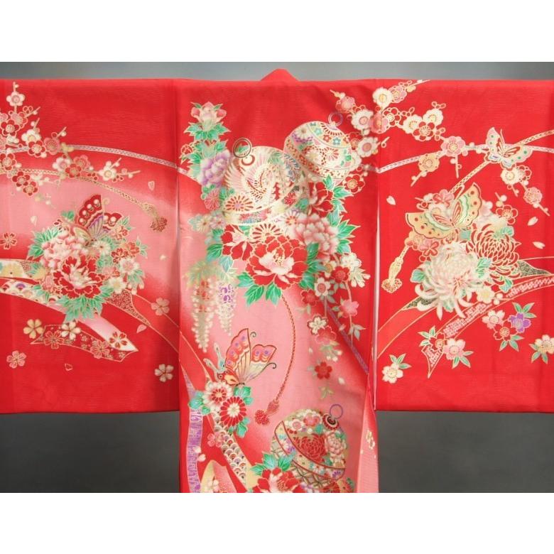 お宮参り 着物 夏用 女の子 正絹 赤色 鈴 蝶 牡丹菊 絽生地 | 京美 | 03