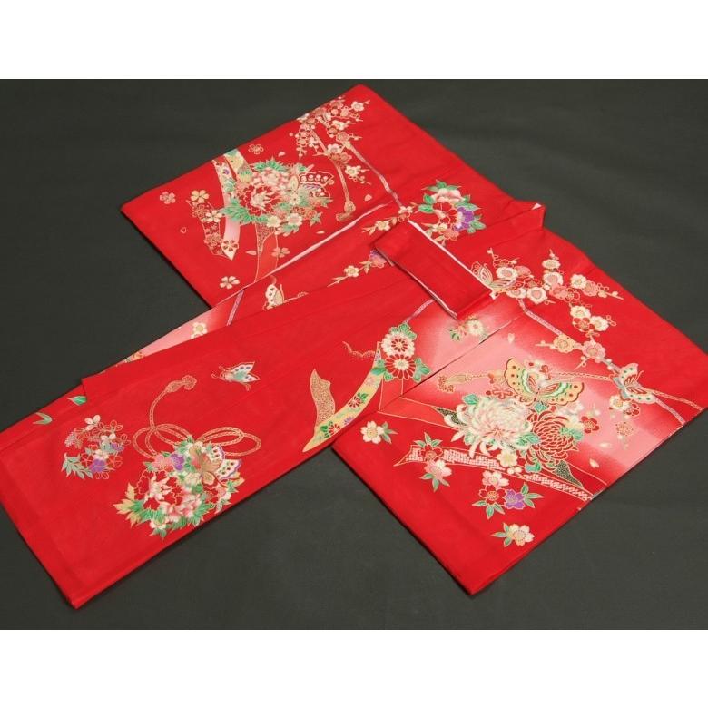 お宮参り 着物 夏用 女の子 正絹 赤色 鈴 蝶 牡丹菊 絽生地 | 京美 | 05