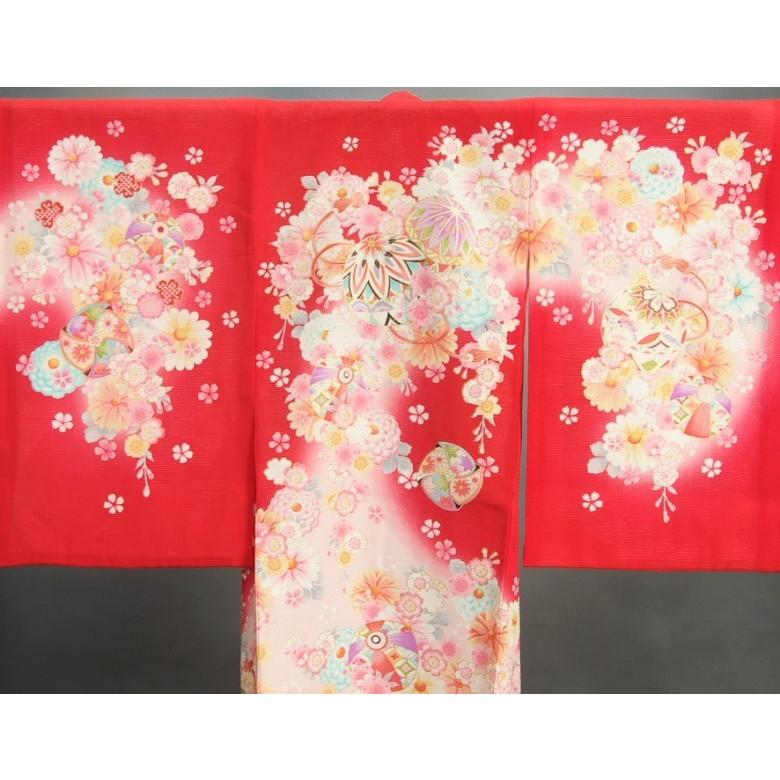 お宮参り 着物 夏用 女の子 正絹 赤色ピンク流水ぼかし まり 風車 絽生地 | 京美 | 03