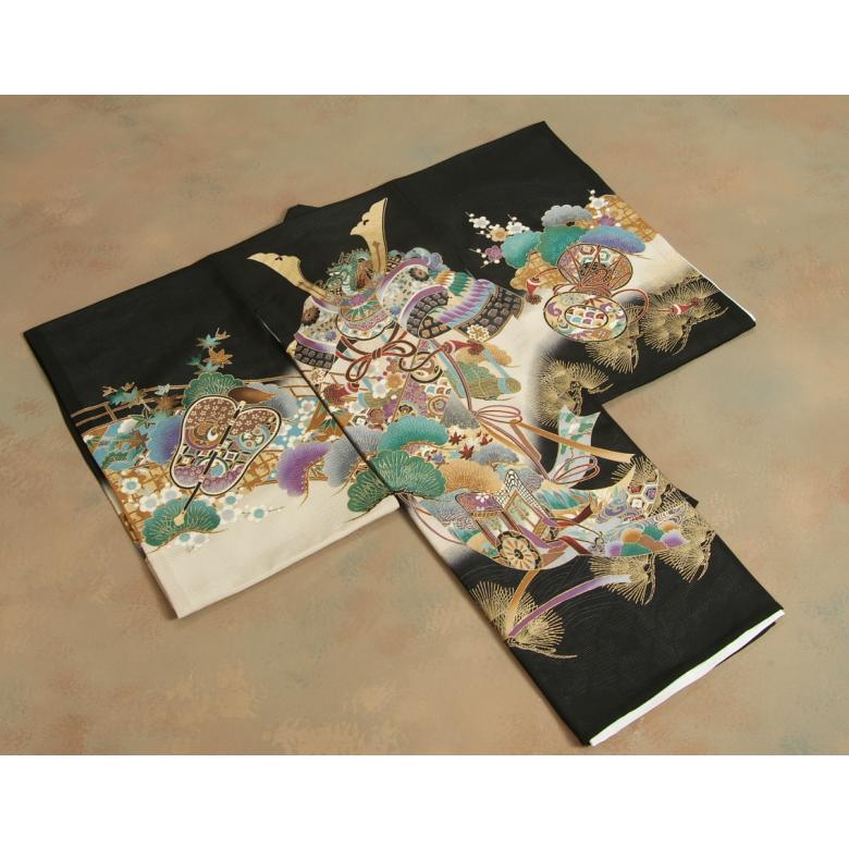 お宮参り 着物 夏用 男の子 正絹 黒色 兜 軍配 御所車 鼓 絽生地 | 京美 | 01