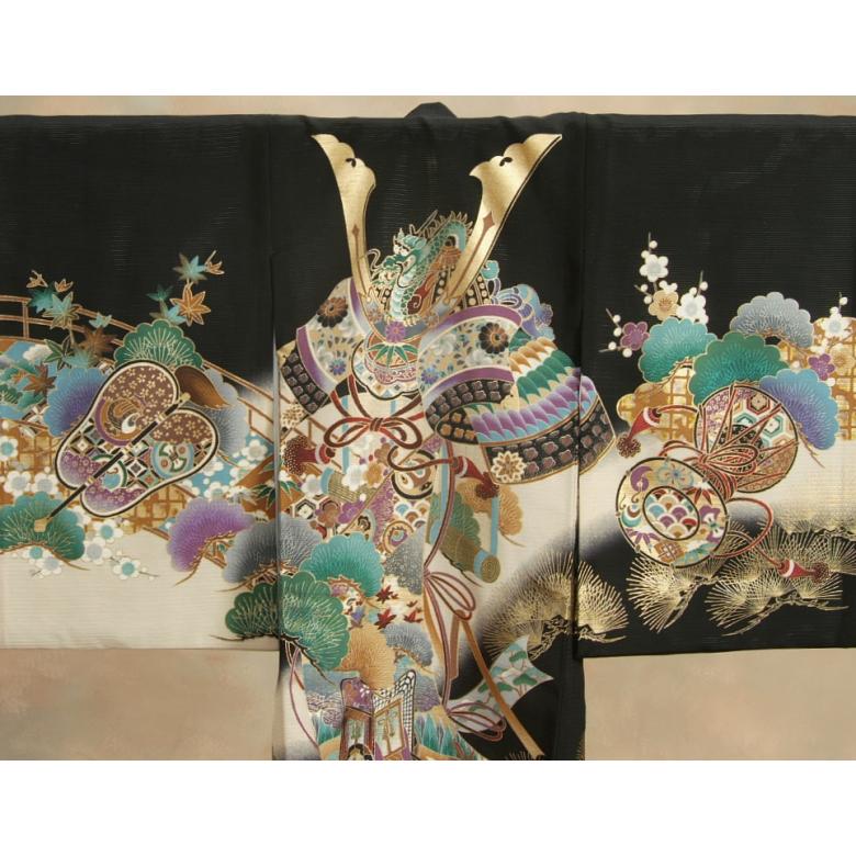 お宮参り 着物 夏用 男の子 正絹 黒色 兜 軍配 御所車 鼓 絽生地 | 京美 | 03