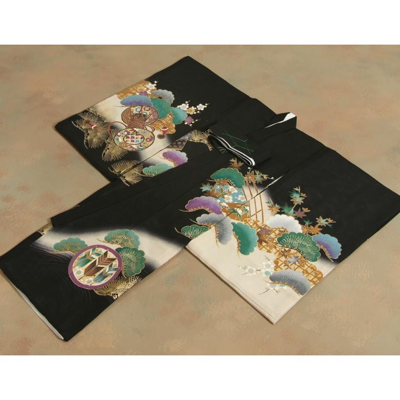 お宮参り 着物 夏用 男の子 正絹 黒色 兜 軍配 御所車 鼓 絽生地 | 京美 | 06