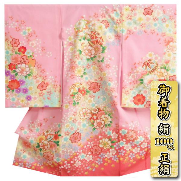 お宮参り 着物 夏用 女の子 正絹 濃淡ピンク染め分け まり 桜牡丹 絽生地 | 京美