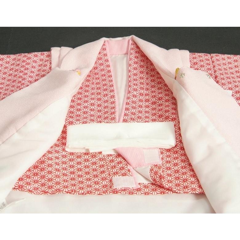 ベビー着物 赤ちゃん 女の子着物 赤色着物 麻の葉文様 ピンク地被布 刺繍使い 二部式仕様の楽々着せ付けタイプ | 京美 | 03