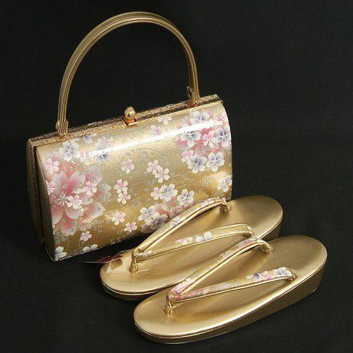 草履バックセット　振袖　訪問着　ゴールド　桜柄　一枚芯　Sサイズ　日本製