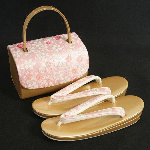 草履バックセット　振袖　訪問着　ゴールド　ピンク　帯地使い　桜柄　　二枚芯　LLサイズ　　日本製