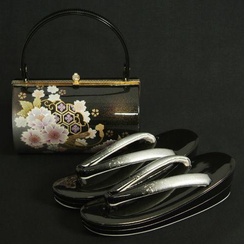 草履バッグセット　振袖　訪問着　黒シルバー濃淡ボカシ　八重桜　丸筒型バッグ　二枚芯　フリーサイズ　日本製